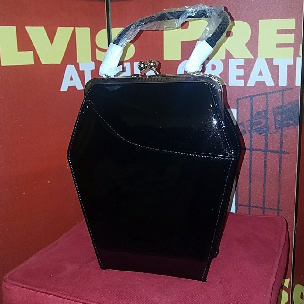 Tatyana Vintage Black To Die For Coffin Kisslock Pinup Purse w Leopard Lining - Picture 4 of 9